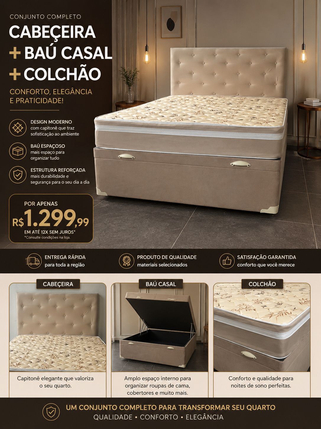 Conjunto Cabeçeira + Baú Casal + Colchão R$1.299,99